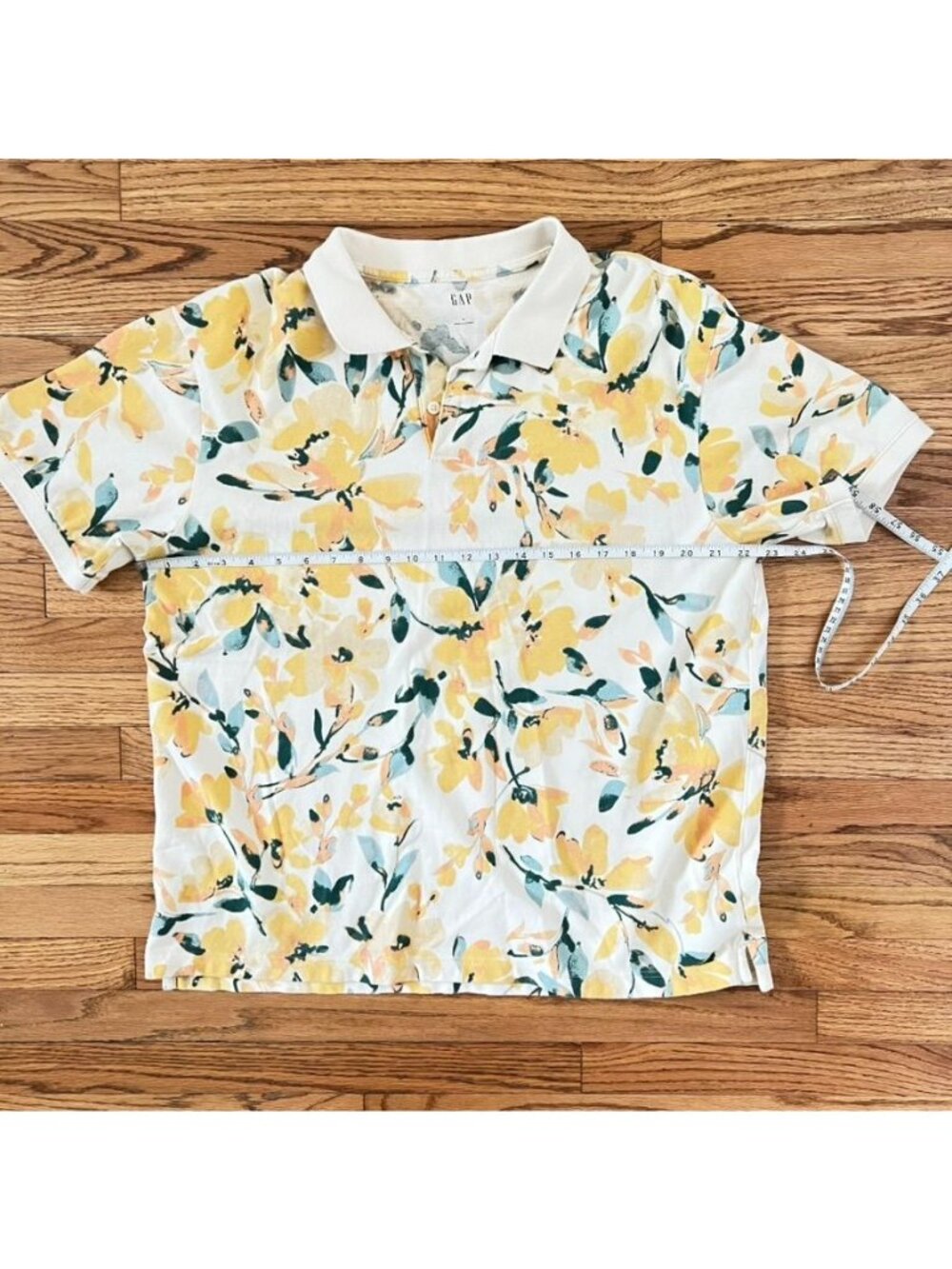 Gap Yellow Floral All Over Polo Shirt Mens Large Short Sleeve Tropical Vacation - Picture 7 of 12
